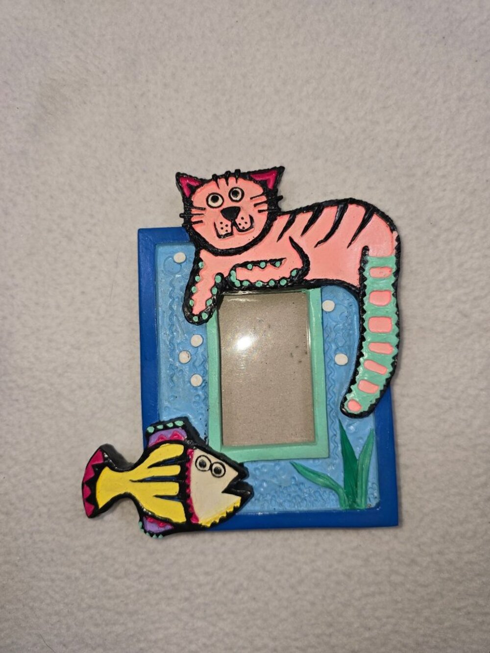 Kitty Cat & Fish Colorful Whimsical Painted Picture Frame Small